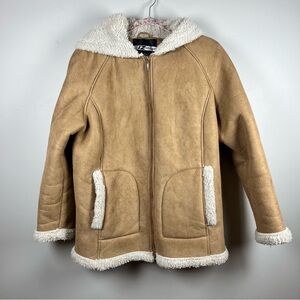 IZ Sport Vintage Penny Lane Tan Faux Suede Sherpa Hooded Coat Y2K Jacket Large